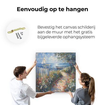 Canvas schilderij ophangen Kunstwerk van een Pad met Bloemen en een Zeilboot