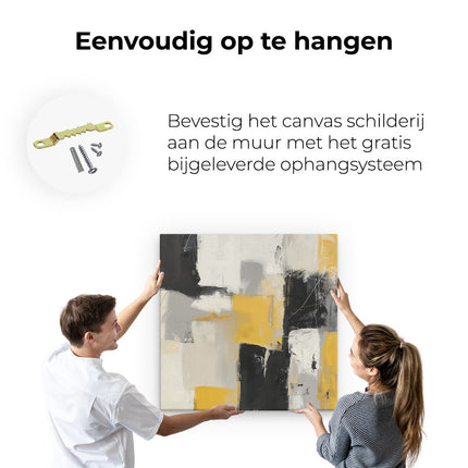 Canvas schilderij ophangen Abstract Kunstwerk met Gele, Zwarte en Witte Vierkanten