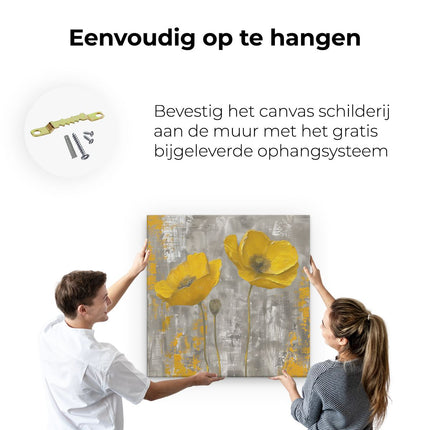 Canvas schilderij ophangen Twee Gele Klaprozen op een Grijze Achtergrond