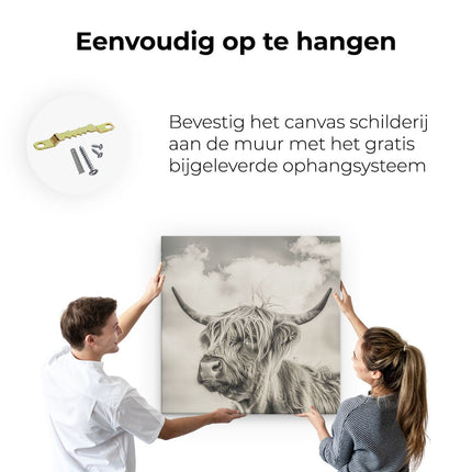 Canvas schilderij ophangen Schotse Hooglandkoe met Hoorns