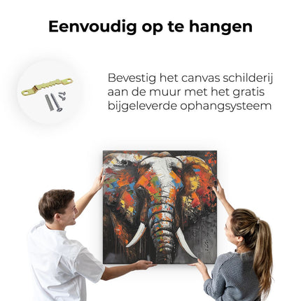 Canvas schilderij ophangen Olifant met Kleurrijke Verf op zijn Slagtanden