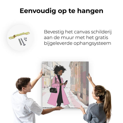 Canvas schilderij ophangen Vrouw in een Roze Jas loopt over Straat