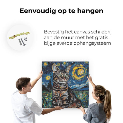 Canvas schilderij ophangen Kat zit in het Gras onder een Sterrenhemel