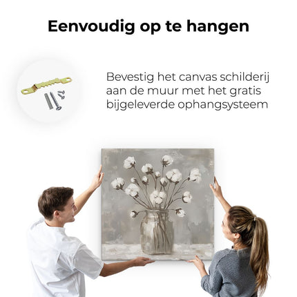Canvas schilderij ophangen Witte Katoenen Bloemen in een Glazen Pot