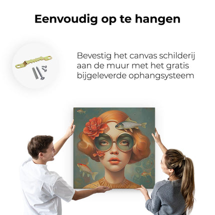 Canvas schilderij ophangen Meisje met Vis op haar Hoofd