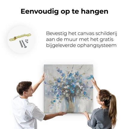 Canvas schilderij ophangen Kunstwerk van Blauwe Bloemen in een Vaas