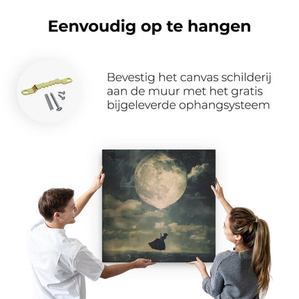 Canvas schilderij ophangen Vrouw Vliegt een Ballon over de Maan