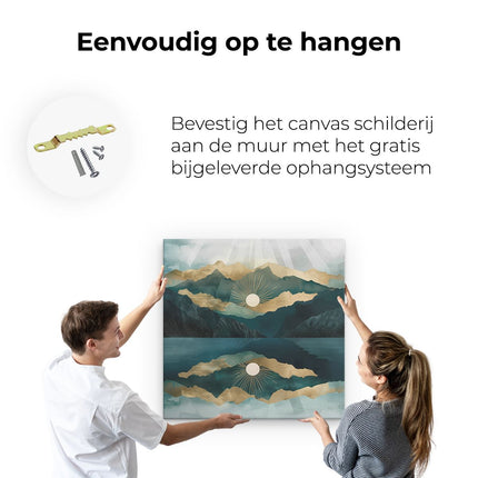 Canvas schilderij ophangen De Bergen Worden Weerspiegeld in het Water