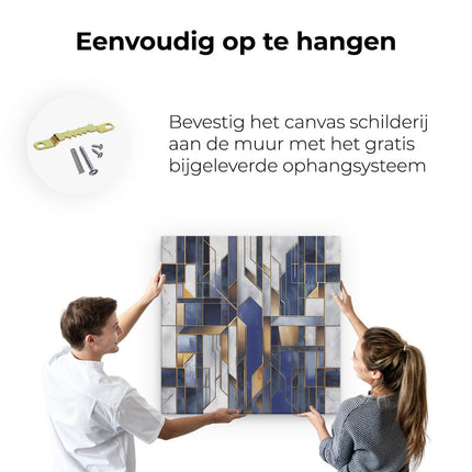 Canvas schilderij ophangen Blauw en Goud Geometrisch Patroon op een Witte Achtergrond
