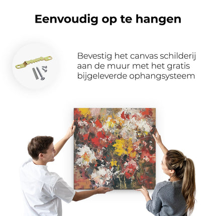 Canvas schilderij ophangen Rode, Gele en Witte Bloemen in een Vaas