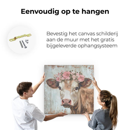 Canvas schilderij ophangen Koe met Bloemen op haar Hoofd