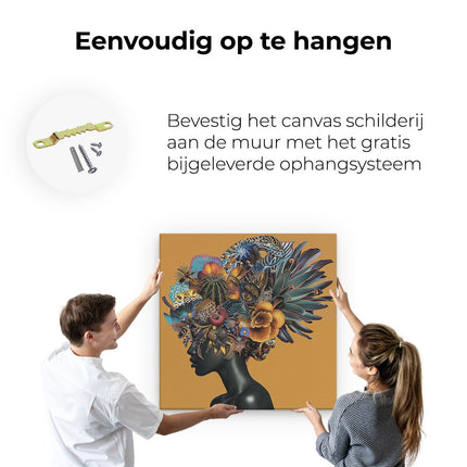 Canvas schilderij ophangen Het Hoofd van de Vrouw zit Vol Kleurrijke Veren