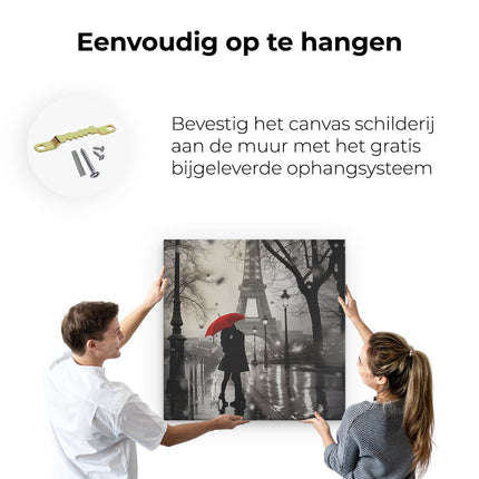 Canvas schilderij ophangen Paar dat een Paraplu in de Regen Houdt Dichtbij de Eiffeltoren