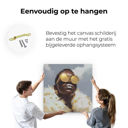 Canvas schilderij ophangen Vrouw met Gouden Zonnebril en een Bontjas