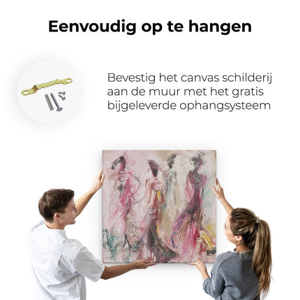 Canvas schilderij ophangen Drie Vrouwen in Jurken Lopen door de Straat
