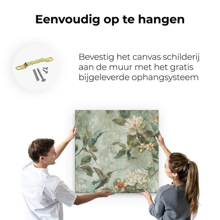Canvas schilderij ophangen Kolibries en Bloemen op een Groene Achtergrond