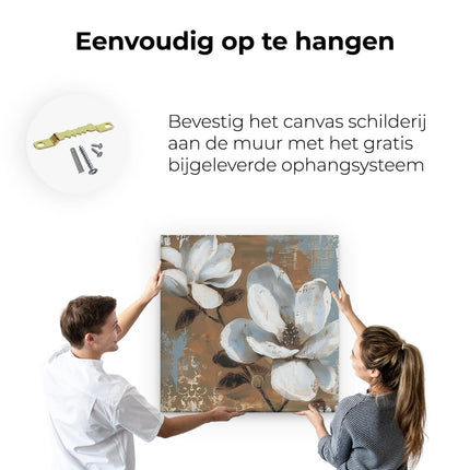Canvas schilderij ophangen Twee Witte Bloemen op een Bruine Achtergrond