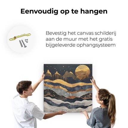 Canvas schilderij ophangen Nachtelijke Hemel met Bergen en een Maan