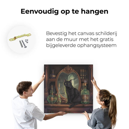 Canvas schilderij ophangen Zwarte Kat zit voor een Spiegel