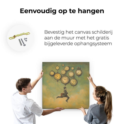 Canvas schilderij ophangen De Mens Vliegt door de Lucht met Klokken aan Hem Vastgemaakt