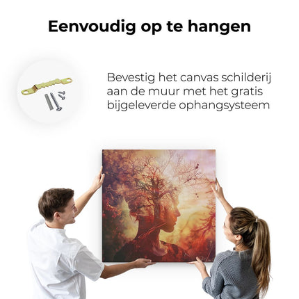 Canvas schilderij ophangen Vrouwenhoofd met een Boom op de Achtergrond