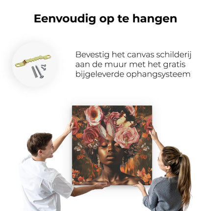 Canvas schilderij ophangen Zwarte Vrouw met Bloemen op haar Hoofd