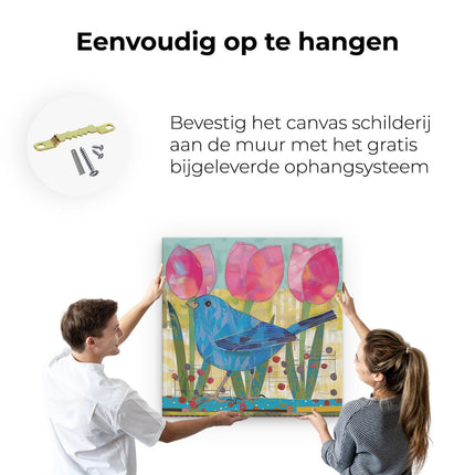 Canvas schilderij ophangen Blauwe Vogel met Roze Tulpen