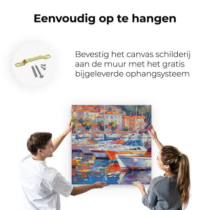 Canvas schilderij ophangen Kunstwerk van Boten Aangemeerd in een Haven