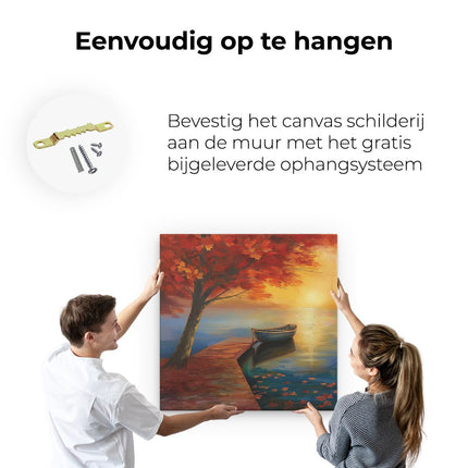 Canvas schilderij ophangen Boot op een Dok bij Zonsondergang