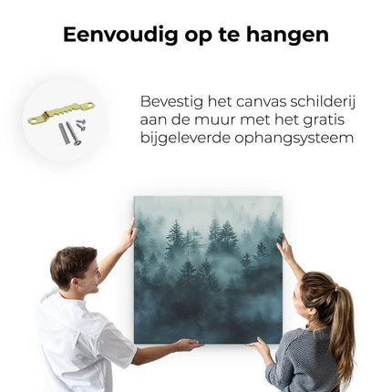 Canvas schilderij ophangen Mistig Bos met Pijnbomen