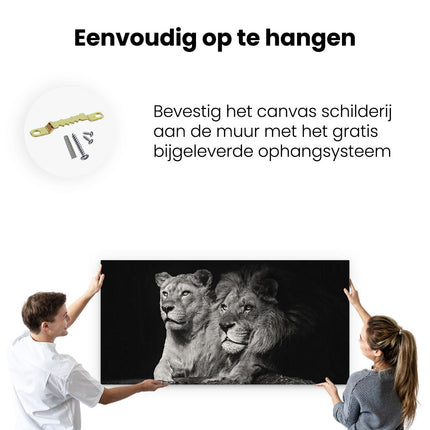 Canvas schilderij ophangen Leeuw En Leeuwin - Zwart Wit