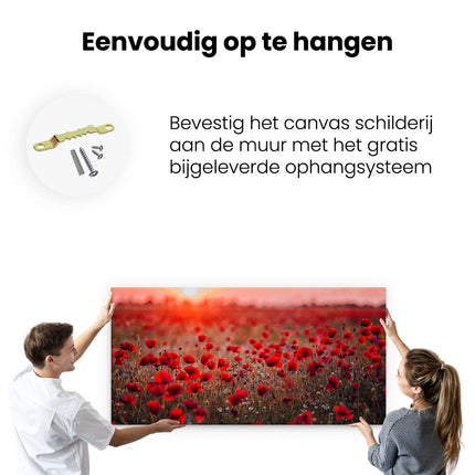 Canvas schilderij ophangen Rode Klaprozen Bloemenveld Zonsondergang