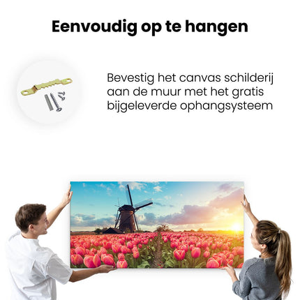 Canvas schilderij ophangen Roze Tulpen Bloemenveld - Met Windmolen