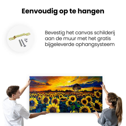 Canvas schilderij ophangen Getekende Zonnebloemen Veld Met Olieverf