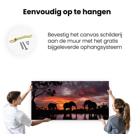 Canvas schilderij ophangen Olifanten Tijdens Zonsondergang - Silhouet