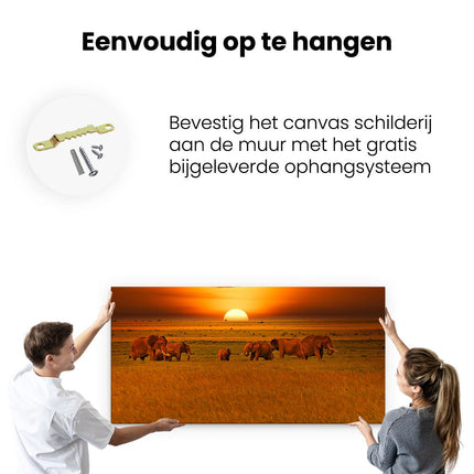 Canvas schilderij ophangen Olifanten In Het Wild - Zonsondergang