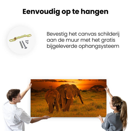 Canvas schilderij ophangen Olifanten In Het Wild - Zonsondergang