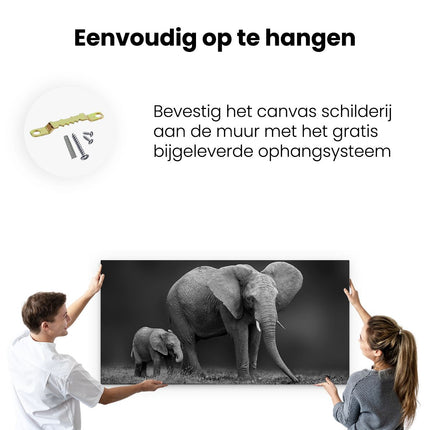 Canvas schilderij ophangen Olifant Moeder En Zoon - Zwart Wit