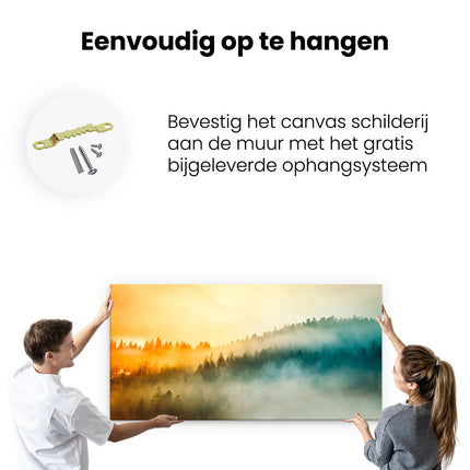 Canvas schilderij ophangen Kleurrijke Zonsopgang In Het Bos Met Mist