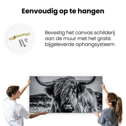 Canvas schilderij ophangen Schotse Hooglander Koe - Zwart Wit