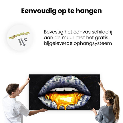 Canvas schilderij ophangen Dollar Lippen Met Goud