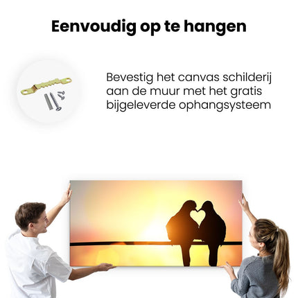 Canvas schilderij ophangen Twee Silhouet Vogels In Een Hart Vorm