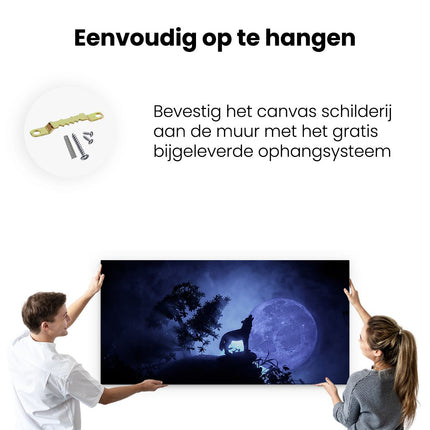Canvas schilderij ophangen Huilende Wolf In Silhouet Bij Volle Maan