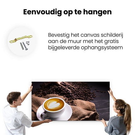 Canvas schilderij ophangen Kopje Koffie In Een Hartje Met Koffiebonen