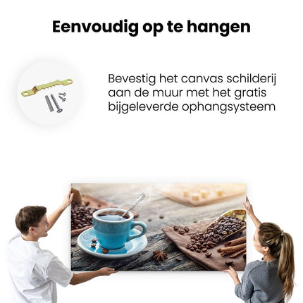Canvas schilderij ophangen Blauw Kopje Koffie Met Koffiebonen