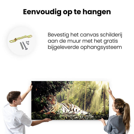 Canvas schilderij ophangen Tijger In De Jungle Met Zonneschijn