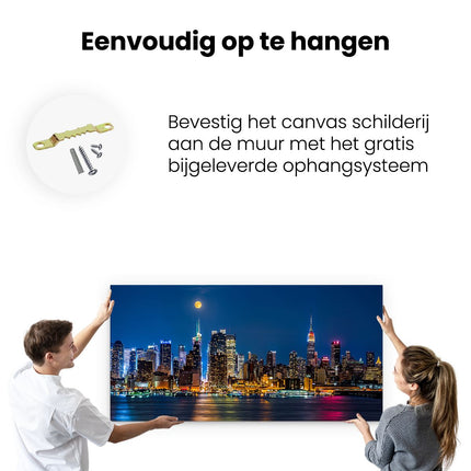 Canvas schilderij ophangen Verlichte Skyline Van New York Met Volle Maan