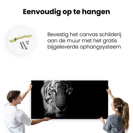 Canvas schilderij ophangen Tijgerkop - Tijger - Zwart Wit