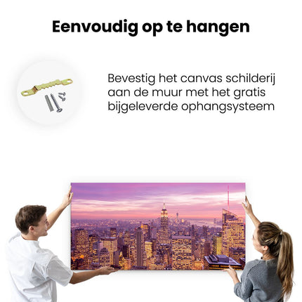 Canvas schilderij ophangen New York Skyline Met Lichten Bij Zonsondergang