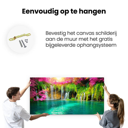 Canvas schilderij ophangen Waterval Met Roze En Groene Bloemen